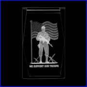 SUPPORT OUR TROOPS, Laser Crystal Paperweight Laser Etched 3D Image. FREE SHIP