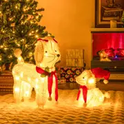 Costway 2Pcs Christmas Dog w/LED Lights Xmas Decoration Metal Frame Mother Dog&Puppy Decor