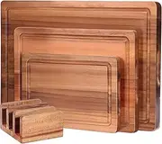 KITment Acacia Wood Chopping Board Set of 3 with Holder, Reversible Wooden Cutting Boards with Juice Grooves, Includes Wooden Tray Stand for Meat, Vegetables, Fruits & Cheese