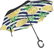 Double Layer Inverted Umbrella Cars Reverse Umbrella Tropical Pineapple Stripes Windproof UV Proof Travel Outdoor Umbrella