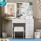 Bedroom Dressing Table Vanity Makeup Desk Set With LED Mirror Drawers Stool