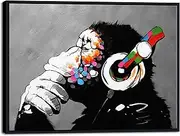 [Wieco Art] Black Framed Monkey With Headphones Banksy Graffiti Art Abstract Canvas Painting Posters and Prints Animal Canvas Wall Art for Wall Decor and Home decorations