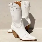 NEW White Western Cowgirl Cutout Applique Pointy Toe Block Heel Mid Calf Boots