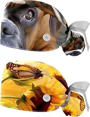 [YTYVAGT] 2-Pc,Nurse Scrub Caps,Scrub Hats with Buttons and Cotton Sweatband,Boxer Dog on The Grass