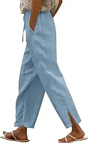 [RegaliaKun] Women's 2025 Summer Pants Drawstring Waist Wide Leg Loose Cotton Linen Palazzo Pants Casual Beach Trendy Trousers