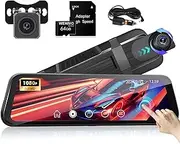 2 in 1 Front Rear 10" Touch Screen Mirror Dash Cam Car Security Reversing Camera Dashcam Van Video Recorder 170 Wide Angle Motion Detection G-Sensor Blackbox WDR Night Vision 64GB (10 inch (Normal))