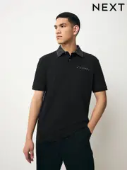 Black/Grey 100% Cotton Short Sleeve Smart Collar Polo Shirt (AN5245) | $55