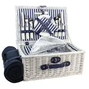 Picnic Basket Willow for 4 Persons, Large Wicker Hamper Set White for 4 Persons