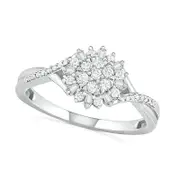 0.25 CT. T.W. Composite Baguette and Round Natural Diamond Split Shank Flower Promise Ring in Sterling Silver