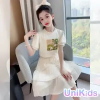 在飛比找momo購物網優惠-【UniKids】中大童裝2件套花朵短袖T恤半身裙 女大童裝