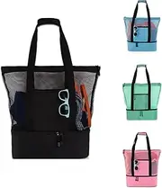 Mesh Beach Cooler Bag Tote,TOPIND Mesh Beach Bag with Detachable Zippered Insulated Cooler Bag for Picnic Pool Party Travel Summer (Black)
