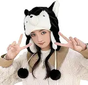 [NICEYST] Cute Plush Animal Hats Husky Dog Plush Hat Soft Novelty Animal Warm Winter Hat Cozy Funny Hats Beanie for Adults