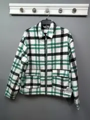 ASOS plaid Shacket Womens XS Green White Fuzzy Full Zip Pockets Oversized NEW