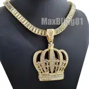 Hip Hop Gold KING CROWN Pendant & 18" 20" 24" Iced Baguette stone Chain Necklace