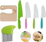 6 Pieces Wooden Kids Knife for Cooking, Kid Safe Knives Cutting Veggies Fruits Include Wood Kids Knife Plastic Potato Slicers Cooking Knives Serrated Edges Knives Sets for Toddler Kitchen Children