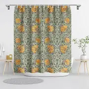 William Morris Vintage Floral Shower Curtain,Sage Green/Orange Shower Curtain Sets for Bathroom with 12 Hooks,Farmhouse Decorative Curtain for Wome...