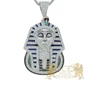 White Gold Over Real Silver "Egyptian Pharaoh King Tut" Pendant + Free Chain