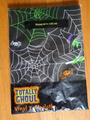 Happy Halloween Totally Ghoul Spiders Web witch Vinyl Tablecloth 60" Round New!