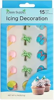 Oasis Supply Edible Beach Cake/Cupcake Toppers – 15 Ct Royal Icing Set with Ice Cream, Palm Trees, Sandals & Beach Balls