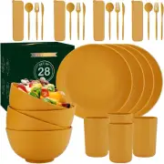 28-Piece Wheat Straw Dinnerware Sets, Microwave & Dishwasher Safe Unbreakable Di