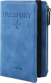 [ILIYAH] Passport Cover Travel Organizer Wallet Document Holder PU Leather Passport Holder with RFID Blocking Multi-Functional Zip Passport Case（Blue）
