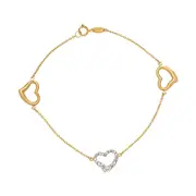 9kt Yellow Gold Heart Charm Bracelet with Crystals 19cm