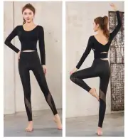 Girls Sport Legging and Long sleeve Gym Workout Tops Criss Cross Back and silver