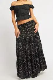 Black Ditsy Maxi Skirt Tiered High Rise Elastic Waistband - Size 6XXS, Women's Maxi Skirt