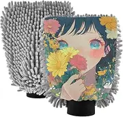 XYMZR Anime Japanese Woman Flowers Absorbent Microfiber Car Wash Mitt, Funny Cute Anime Scratch Free for Cars Cleaning, Home Cleaning Mitts, 2 Pack, 10.24” L x 7.09” W
