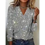 Women's Shirt Blouse Plain Basic Modern Long Sleeve V Neck Regular Tops Daily Holiday Sequins Silver Black Yellow Pink Red Summer