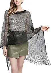 [Jdlsppl] Women's Knit Shawl Wrap Metallic Fringe Poncho Sheer Fishnet Cape Top Soft Long Loose Swing Summer Beach Capelet