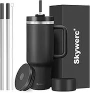 40 oz Tumbler with Handle and Straw, 2 Lids (2 in 1 & LeakProof Lid) - Vacuum Insulated Stainless Steel Double Wall Water Bottle Travel Coffee Mug - Holiday Gifts for Women Men - Black