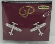 Gold Tone Rhinestone Propeller Airplane Earrings ~ 3/4" NEW