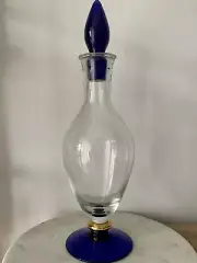 Used Hand Blown Wine Decanter Crystal Clear With Cobalt Stopper Made In Romania