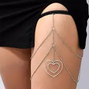 CABODYALS Heart Layered Body Chain Shape Platinum Alloy Tassel Punk Boho Lace Stretch Leg Multilayer Hollow Metal Silver Elastic Thigh Chain for Female Body Jewelry Accessories Beach Bikini