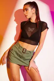 Black Mesh Top Short Sleeve Round Neck - Size S, Women's Top