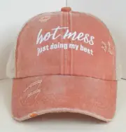 Mom Hat Hot Mess Just Doing My Best Distressed Ponytail Cap Adj Mesh Orange NWT