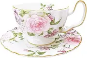 [fanquare] Pink Peony Floral Cup and Saucer Set of 1, Coffee Cups Ceramic 200ml Vintage Afternoon Tea Cup Gifts for Women