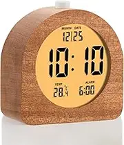 Plumeet Wooden Digital Alarm Clock for Bedrooms, Wood 4'' Battery Powered Alarm Clock with Snooze and Nightlight, Electronic LCD Desk Clock Display Time, Date, Temp, 12/24H, Wood Décor, Sapele