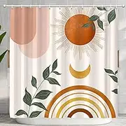 Ghroiep Mid Century Abstract Boho Orange Aesthetic Shower Curtain Set, Pink Green Nature Leaf Sun Modern Minimalist Home Bathroom Curtain Decor with 12 Hooks 72x72 Inches