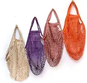 EKOLOJEE Reusable Produce Net Bags Grocery Washable, Mesh Bags For Vegetables, 4 Pack! Gots-Certified Organic Cotton String Mesh Net Market Bag | Mesh Produce Bag Vibrant Color Combo Regular Handles
