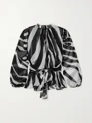 [Dolce & Gabbana] Dolce & Gabbana - Belted Gathered Zebra-print Chiffon Blouse - Black - IT48 IT 48 Black