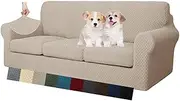 MAXIJIN 4 Piece Newest Jacquard Extra Large Couch Covers for 3 Cushion Couch Super Stretch Non Slip Couch Cover for Dogs Pet Friendly Sofa Slipcover Furniture Protector (Oversized Sofa, Khaki)