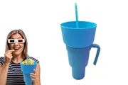Reusable Tumbler Popcorn Cup Beverage Snack Multifunctional Split Cup With Straw-Blue