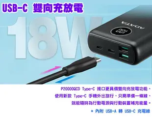 (免運費)ADATA 威剛 P20000QCD 行動電源 移動電源 快充 2.1A 充電器