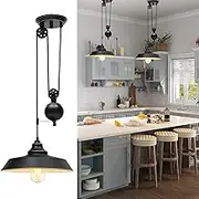 Ganeed Pulley Pendant Light,Adjustable Height Industrial Pulley Lighting,Rustic Ceiling Hanging Light Edison Island Lamp for Farmhouse Dinner Room Kitchen Hallway,Black,E27 Bulb Socket