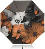 [PDZRMY] Cat Butterfly Flower UV Protection Travel Umbrella Compact for Rain and Sun - Auto Open and Close UPF 50+ Windproof Portable 46” Sun Umbrella for Women and Men