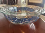 Vintage Pyrex set 3 Blue Floral Ribbons clear glass nesting bowls