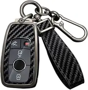HIBEYO Key Fob Cover for Mercedes Benz A C G E S Class CLA CLS GLA GLC GLE GLS SLC Smart Key Cover Accessories with Keychian for Mercedes Benz PVC Carbon Fiber Texture Key Case-Black