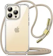 JETech Crossbody Case for iPhone 14 Pro 6.1-Inch with Adjustable Lanyard Strap, Clear Transparent Anti-Yellowing Shockproof Protective Phone Cover with Neck Cord (Gold)